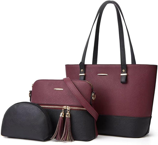 Viva 3 in 1 Tote Handbag For Women-Black & Maroon