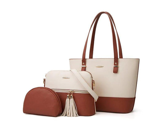 Viva 3 in 1 Tote Handbag For Women- Mustrad Brown& White